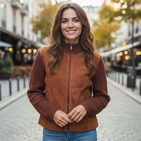vintage Brown Suede Jacket L Wool Knit Combo Indie Western Festival Retro - Picture 1 of 10